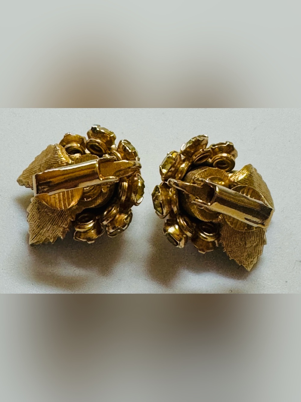 Vintage Rhinestone Clip-On Earrings with green enamel - Picture 4 of 8